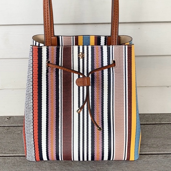 TORY BURCH Tote Drawstring Kerrington Stripe Webbing NWT - Picture 2 of 9